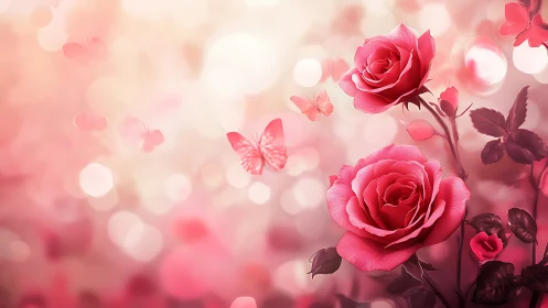 Pink Roses with Butterflies in Bokeh Garden Setting.
