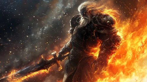 Fire-armored warrior strides through blazing cosmic battlefield