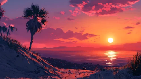 Glowing beach sunset with gentle waves and a quiet hillside.