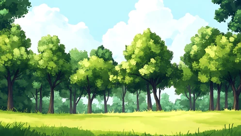 Sunlit forest clearing opens onto bright summer tranquility