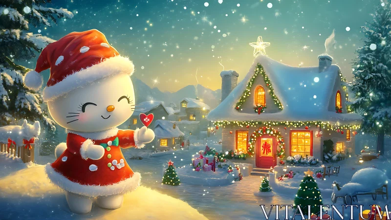 Cozy holiday kitty sharing cheer by a glowing snow cottage.