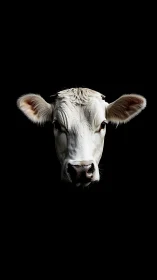 Gentle white cow gazes calmly from a deep black background