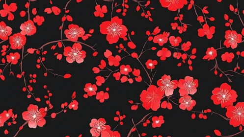 Red Blossoms on Dark Canvas Create Elegant Floral Pattern