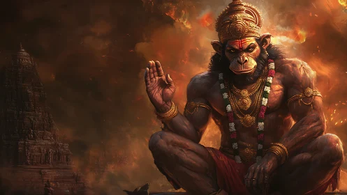 Mythic Hanuman warrior in dramatic digital painting composition.