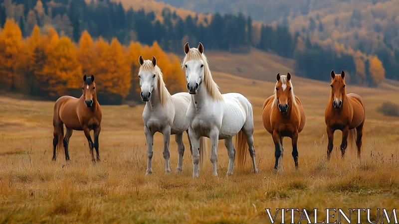 Five autumn horses hold quiet council in a golden valley