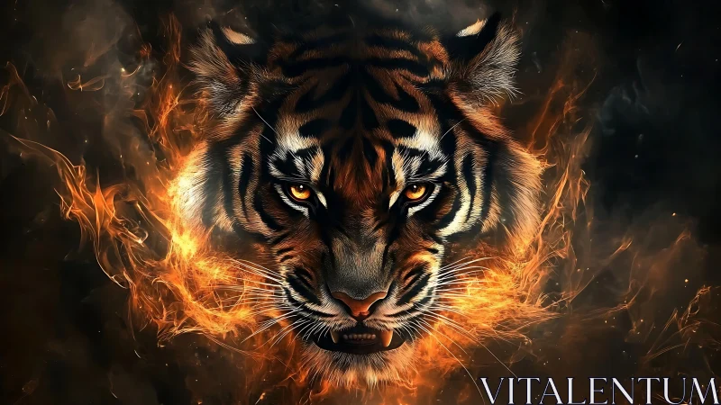 Tiger visage encircled by blazing flames in dark void.