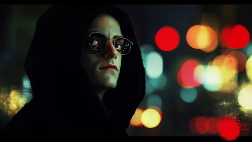 Hooded figure in sunglasses against blurred city lights.