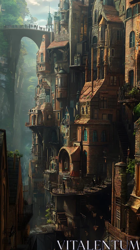Tiered cliffside city of warm brick towers at dawn.