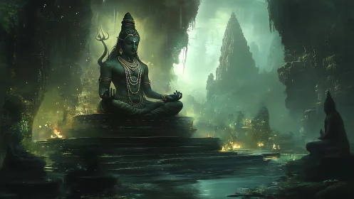 Large meditating deity statue in misty jungle temple cavern