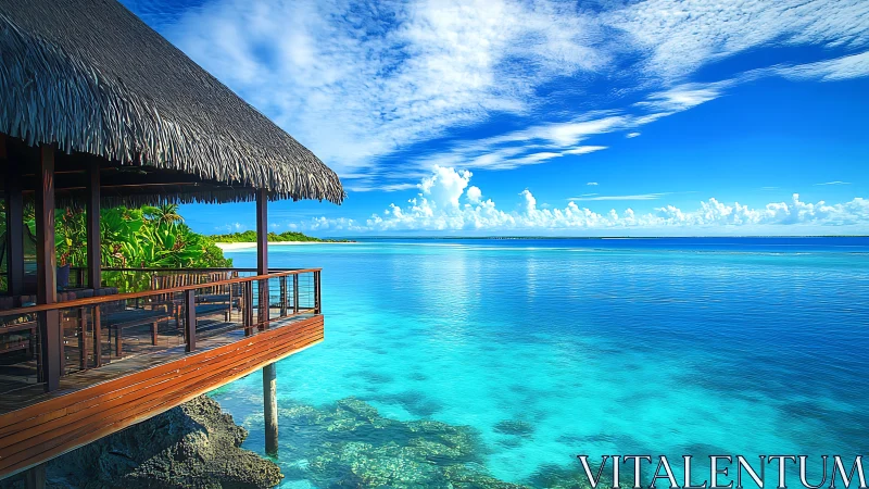 Sunlit overwater hideaway beside glassy turquoise lagoon.