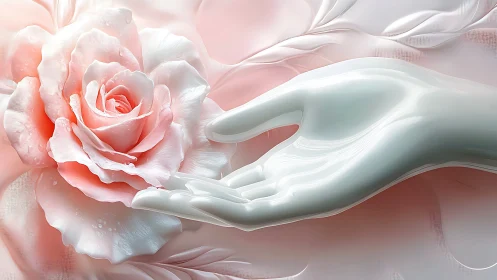 Porcelain hand cradles dewy blush rose in soft pastels.