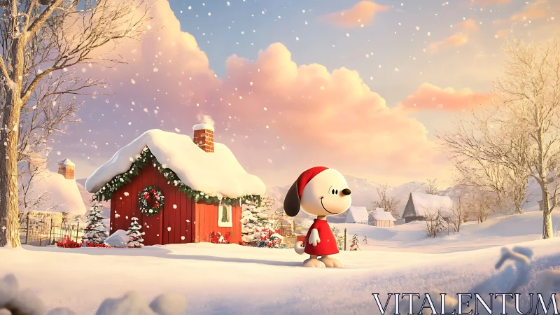 Stylized winter canine character in luminous snowy landscape