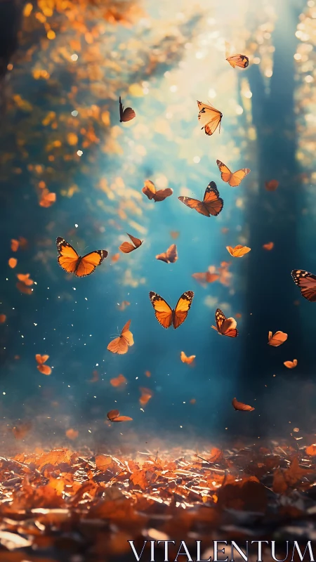 Monarch butterflies swirl through glowing autumn forest air.