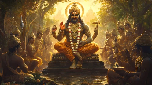 Seated Hindu deity amid golden forest gathering, devotees.