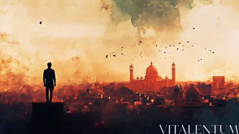 Solitary dreamer quietly overlooks a glowing sunset city