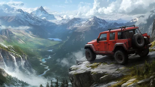 Off-road red SUV poised above sweeping alpine valley vista.
