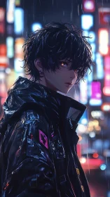 Young figure in black coat under neon city rain at night.
