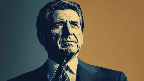 Stoic leader gazes forward through split-toned twilight