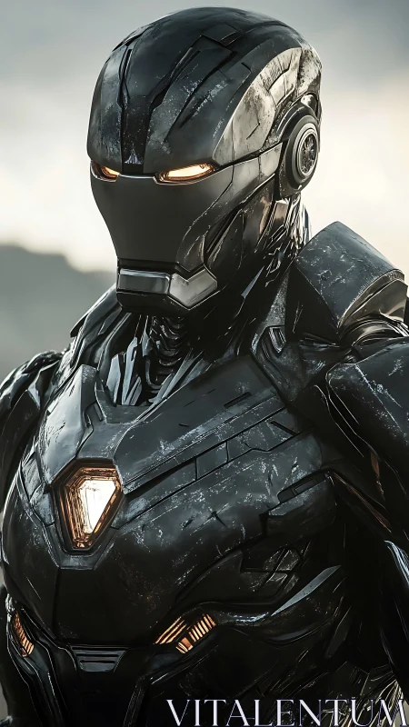 Battleworn black exosuit android with amber luminescent cores