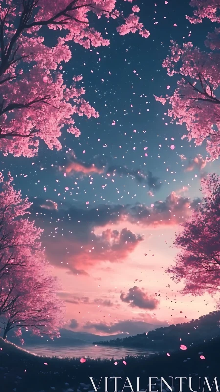 Petals drift upward as twilight stitches sky to lake