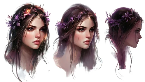 Triple portrait study of floral-crowned young woman profiles