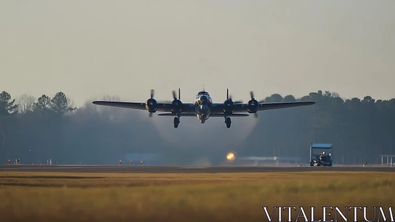 Vintage four‑engine airplane lifting gracefully from runway.