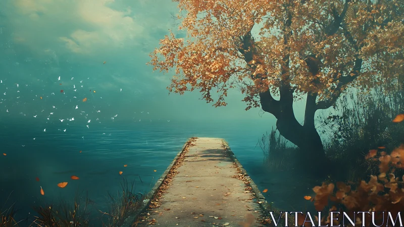 Gentle autumn path drifts toward a quiet teal blue lake