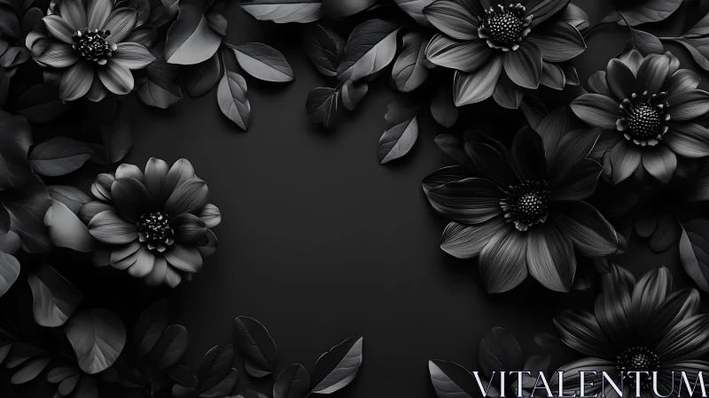 Monochrome 3D floral frame with dark sculpted petals.