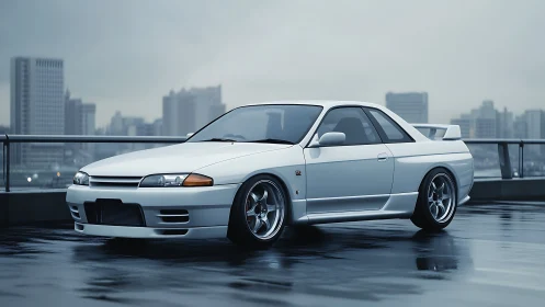 White sports coupe parked on wet rooftop in overcast city