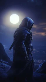 Hooded night sentinel watches a moonlit cyber city below.