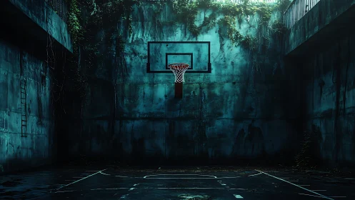 Abandoned concrete court with overgrown basketball hoop at dusk.