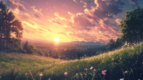 Sunlit meadow leans into a sky painted with drifting fire