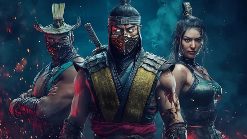 Armored trio of masked warriors in dramatic game artwork.