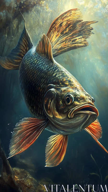 Golden-finned freshwater fish swims through dappled river light