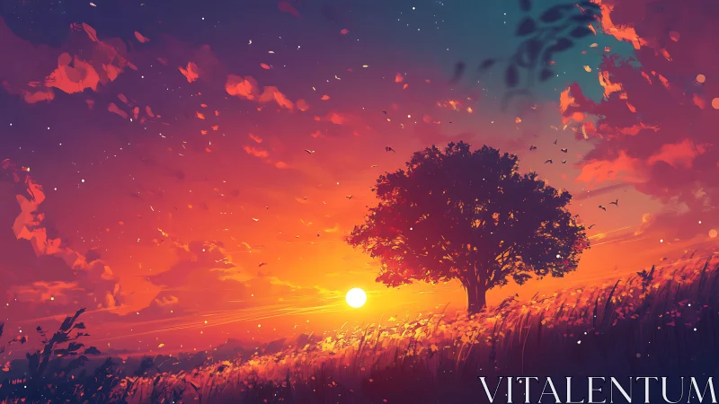 Solitary tree silhouettes against radiant digital sunset sky