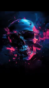 Neon skull in sunglasses shatters through glowing cosmic void