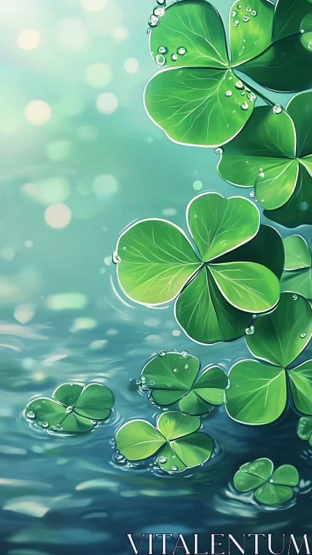 Gentle clover leaves drifting softly across tranquil water.