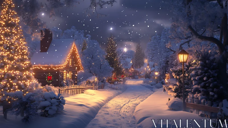 Snow-covered village lane with illuminated holiday cottages.