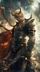 Armored horned warrior stands in burning, stormy battlefield