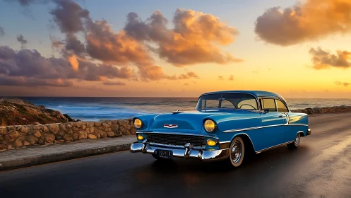 Sunset coastal cruise with a classic blue vintage car