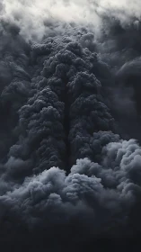 Towering volcanic plume forming surreal storm corridor.
