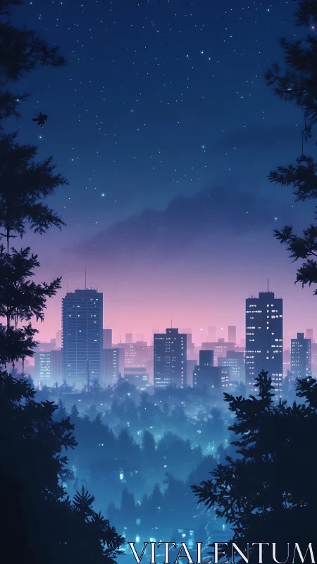 Urban skyline viewed across forest at twilight under stars.