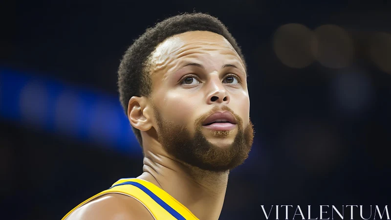 Close-cropped basketball portrait under arena lighting with bokeh