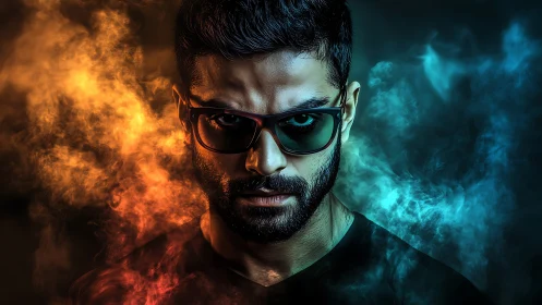 Male subject in sunglasses is lit by contrasting colored smoke