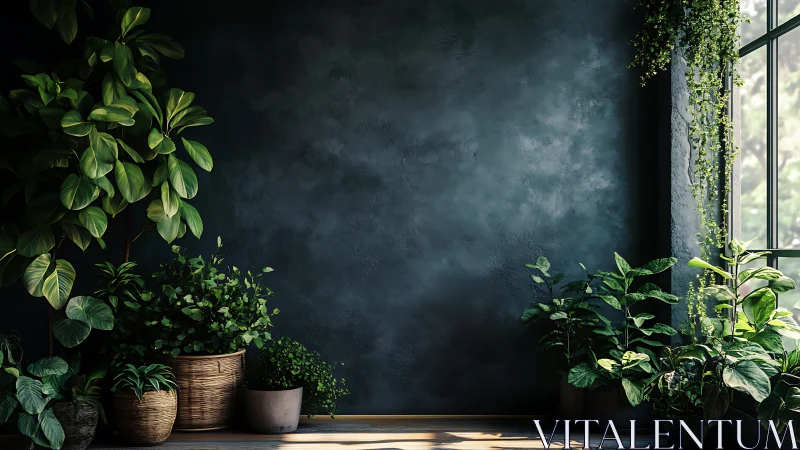 Sunlit urban jungle curling softly around a moody wall.