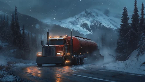 Tanker truck on snowy mountain road at dusk in winter.