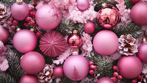 Pink Christmas ornaments lie on snowy evergreen branches