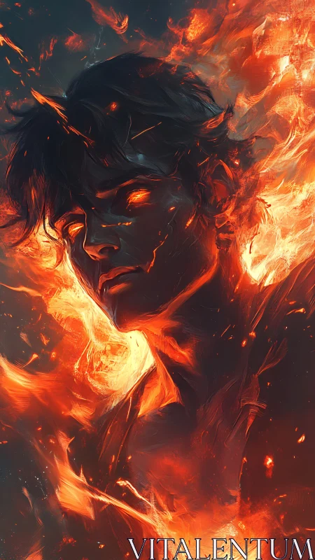 Fiery male figure with glowing eyes emerging from flames.