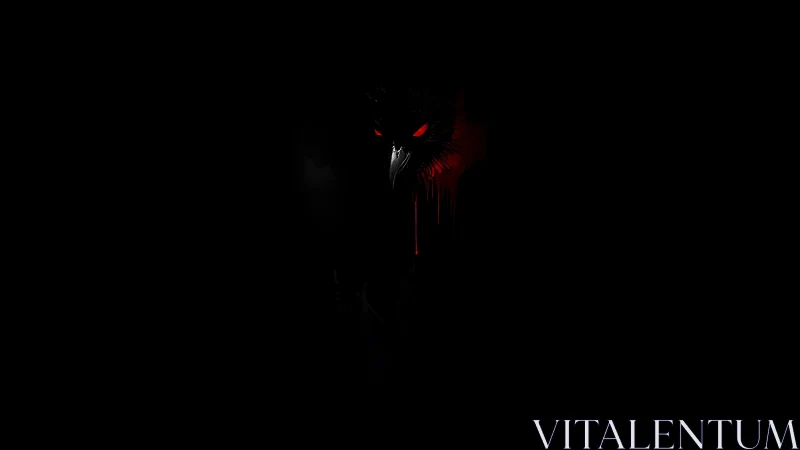 Dark crow-like figure with red eyes on black background.