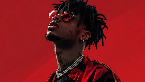 Stylized male portrait with red background and jewelry.